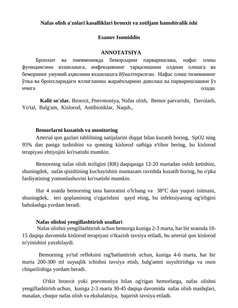 Nafas olish a'zolari kasalliklari bronxit va zotiljam hamshiralik ishi