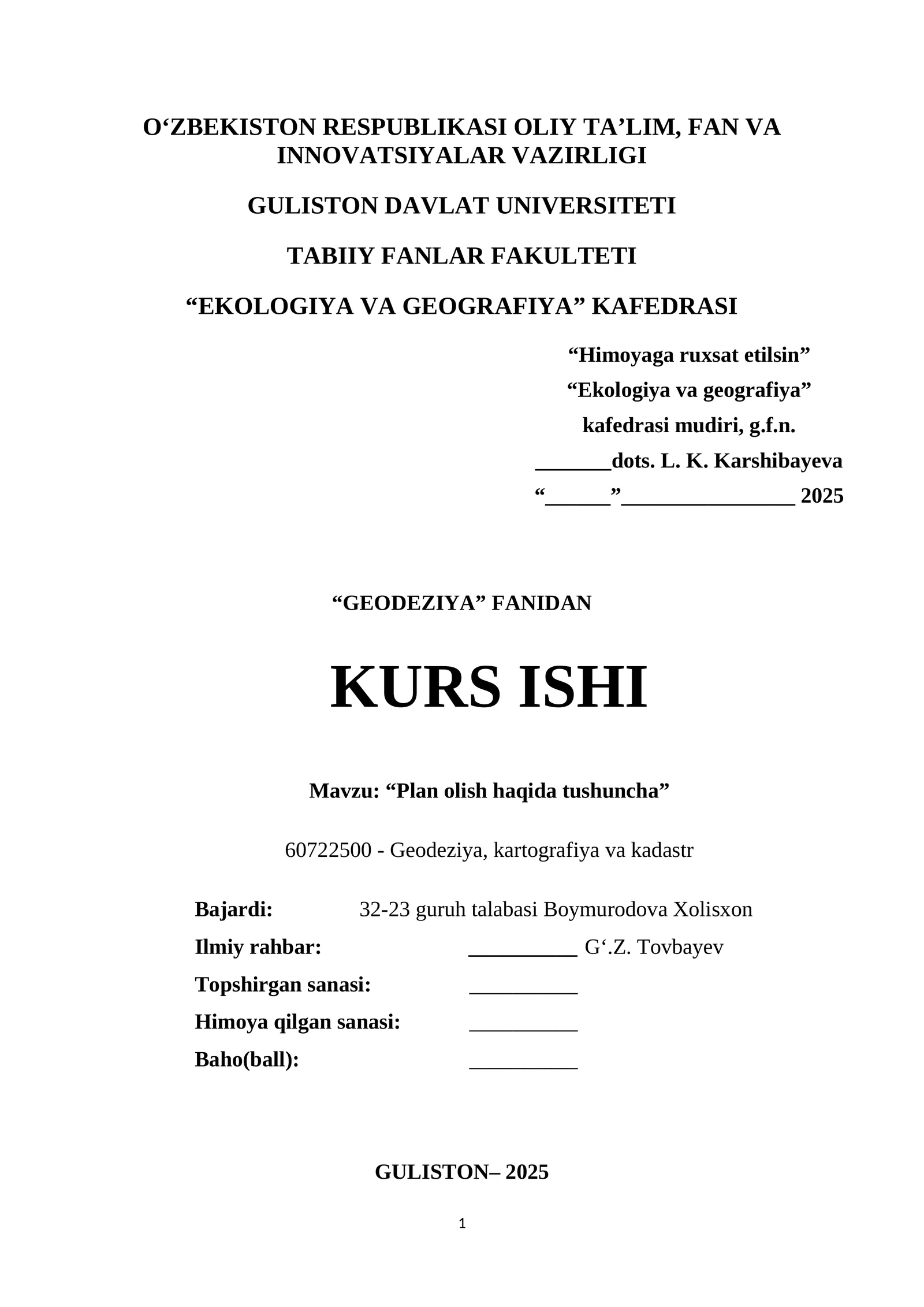 KURS ISHI: “Plan olish haqida tushuncha”