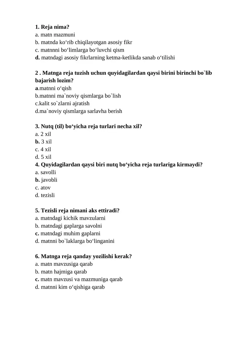 Akademik yozuv fanidan "REFERAT IKKILAMCHI MATN JANR SIFATIDA.. REFERAT TURLARI. REFERATNING TUZILISHI VA TIL KLISHELARI" mavzusida test savollari (javoblari bilan)