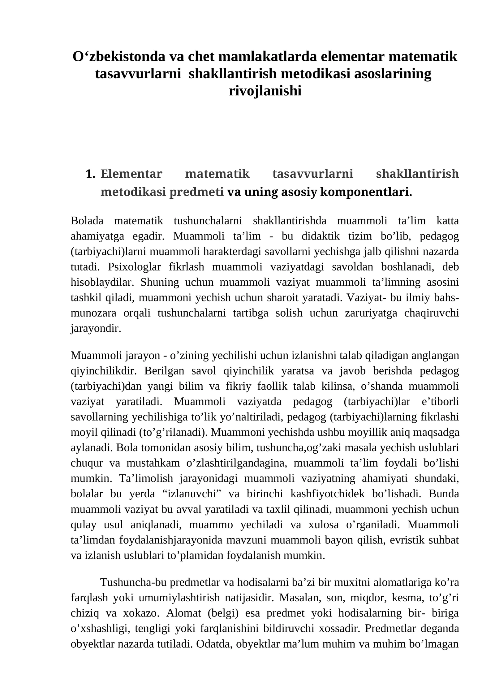 Elementar matematik tasavvurlarni shakllantirish metodikasi