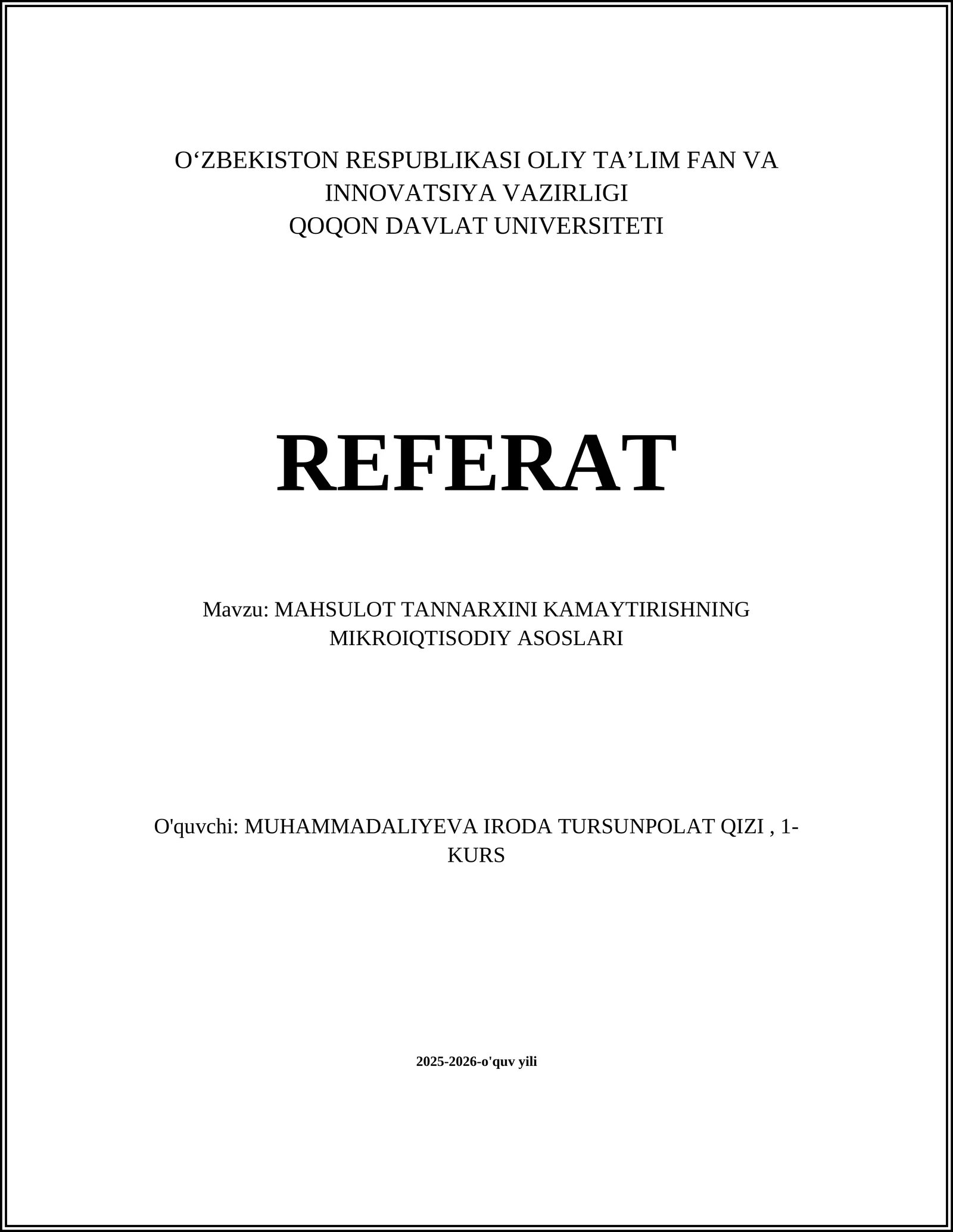 MAHSULOT TANNARXINI KAMAYTIRISHNING MIKROIQTISODIY ASOSLARI