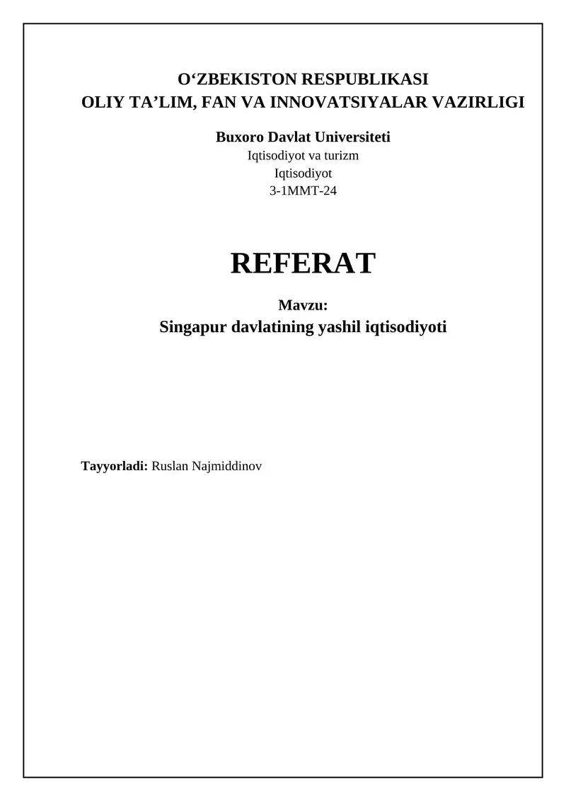 Singapur davlatining yashil iqtisodiyoti