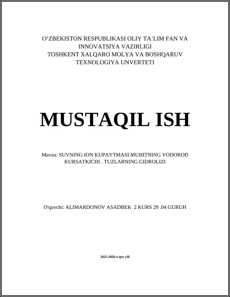 SUVNING ION KUPAYTMASI.MUHITNING VODOROD KURSATKICHI