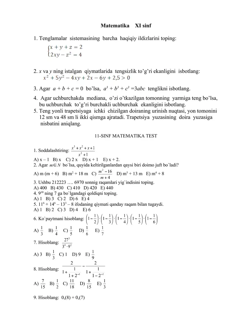 Matematikadan Olimpiada savollari