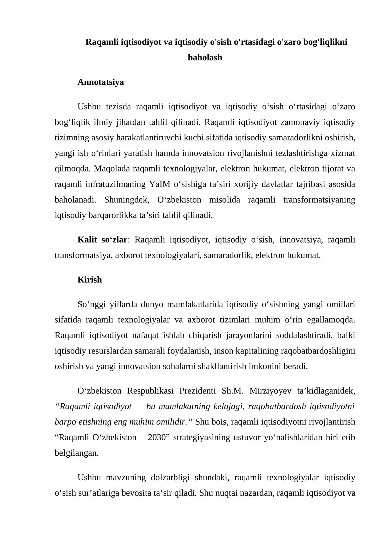 Raqamli iqtisodiyot va iqtisodiy o'sish o'rtasidagi o'zaro bog'liqlikni baholash