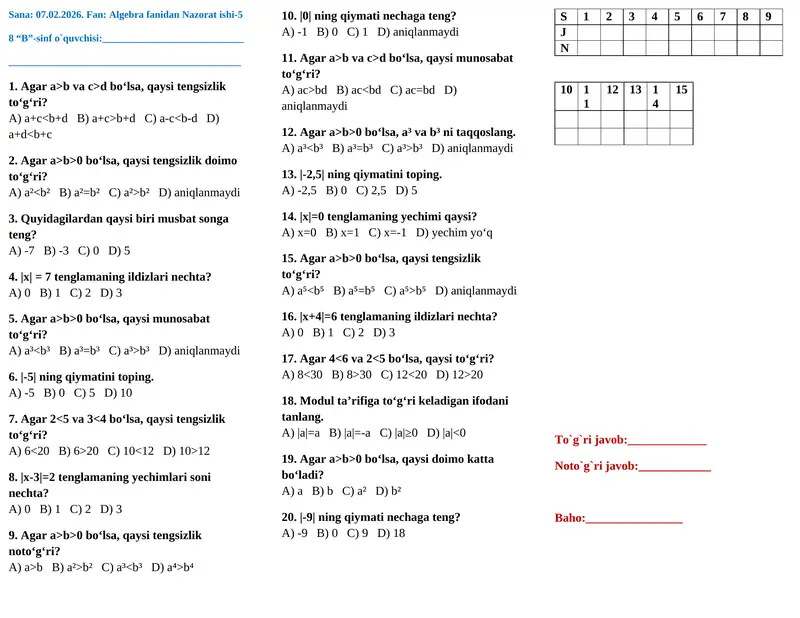 Algebra fanidan Nazorat ishi-5
