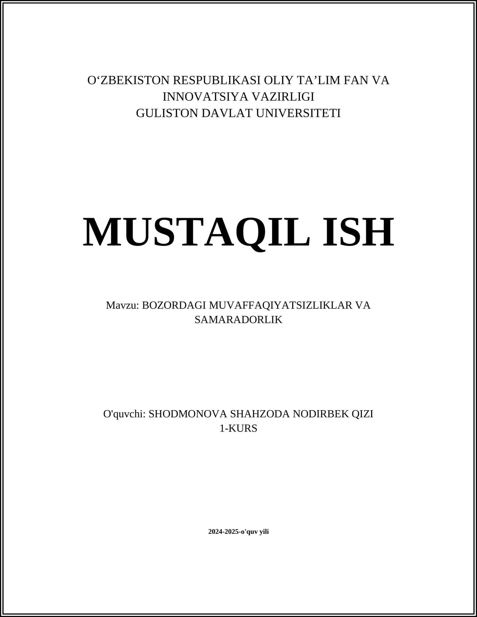 BOZORDAGI MUVAFFAQIYATSIZLIKLAR VA SAMARADORLIK