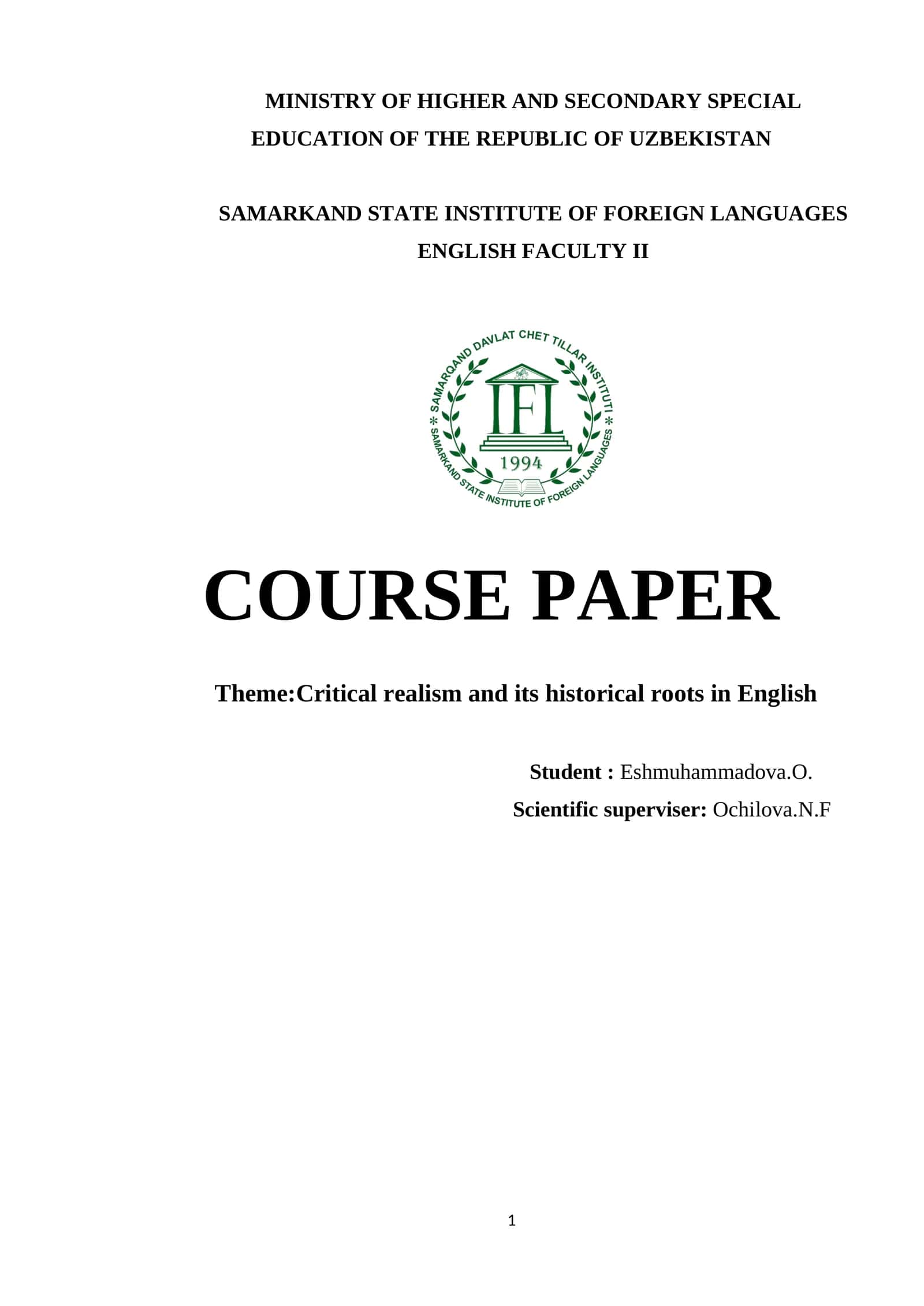 Course Paper on Critical Realism and its Historical Roots in English