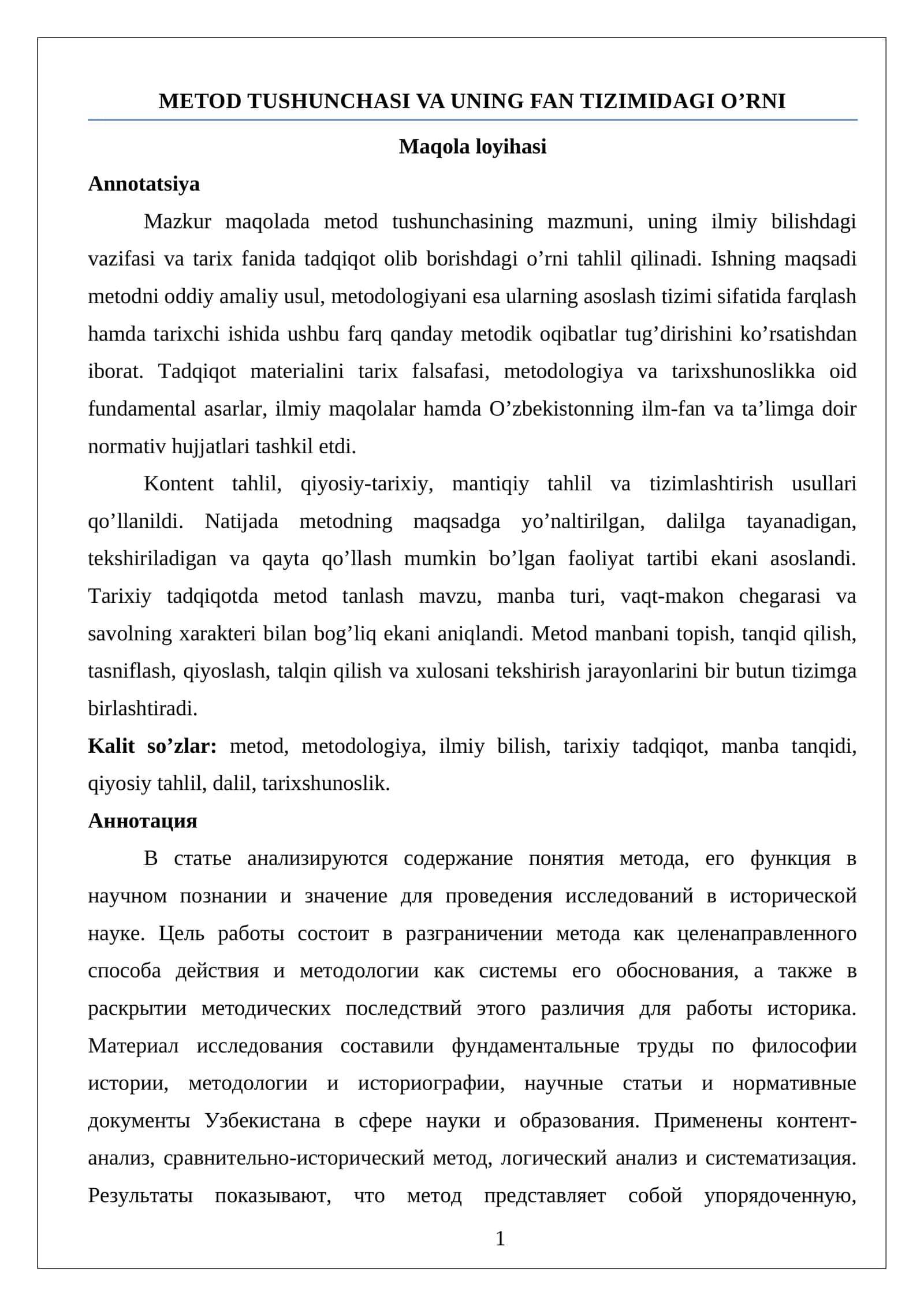 Metod tushunchasi va uning tarifini fandagi o‘rni Maqola loyihasi