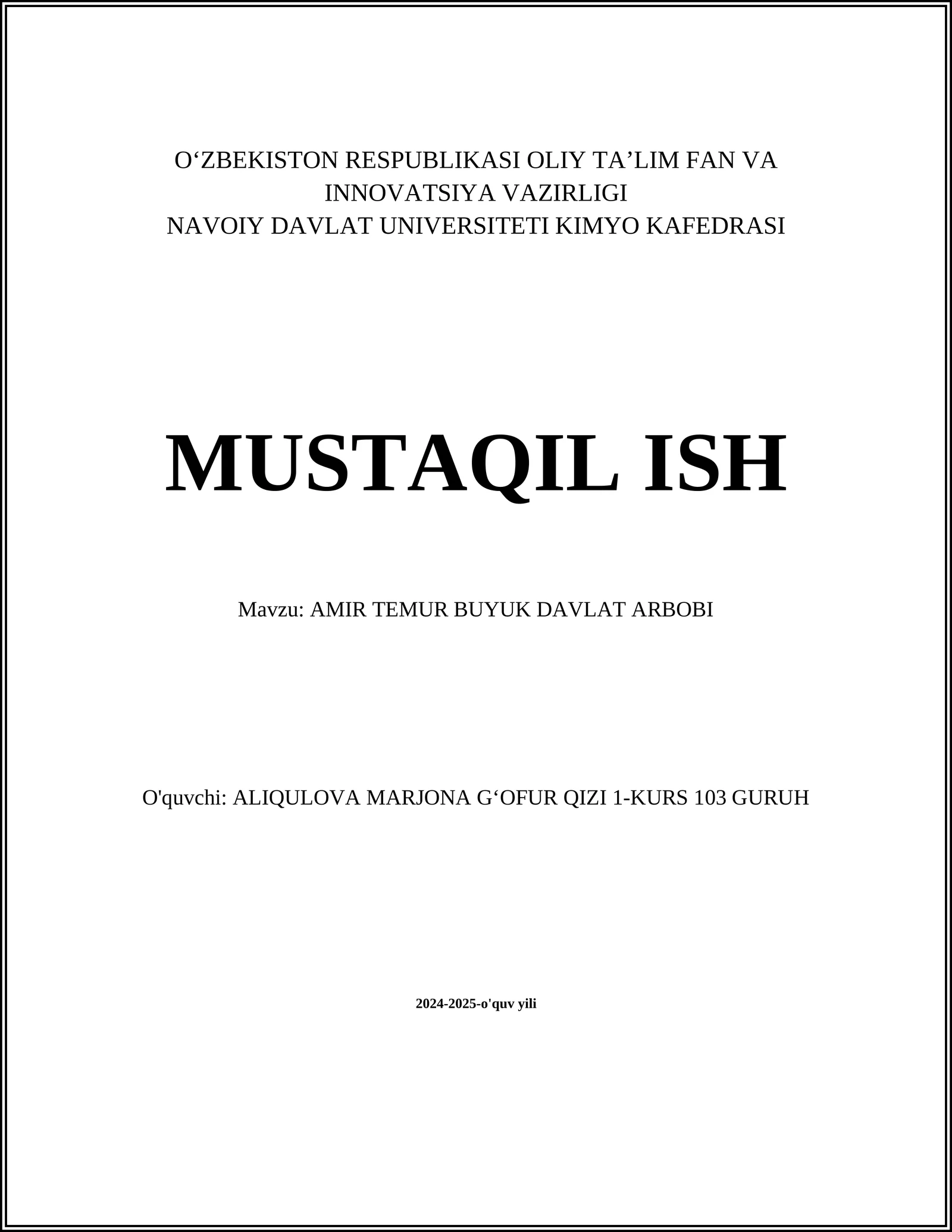 AMIR TEMUR BUYUK DAVLAT ARBOBI