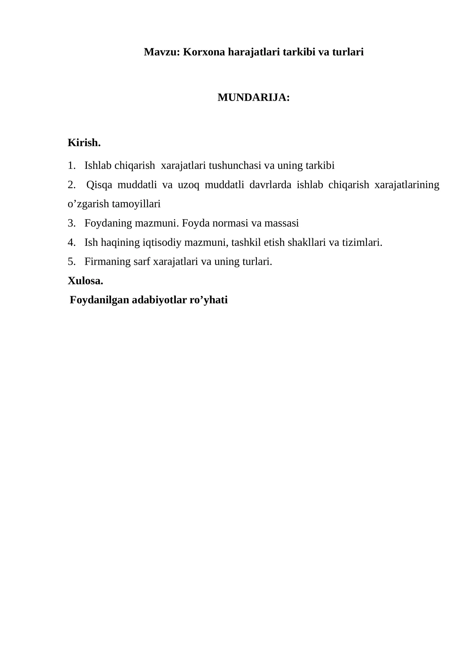 Korxona harajatlari tarkibi va turlari