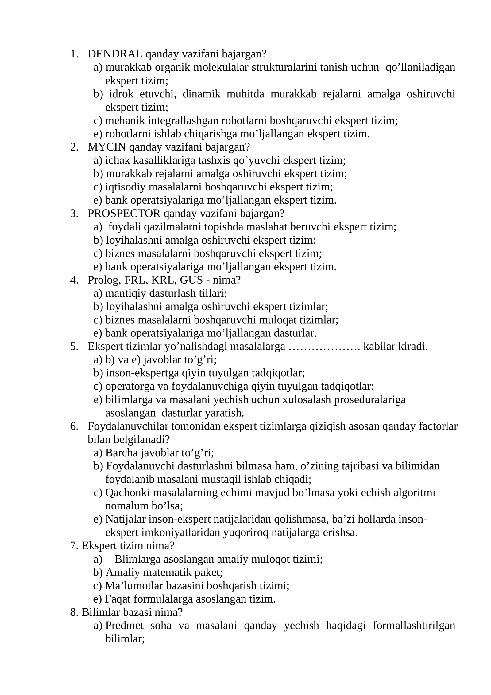 Ekspert tizimlar test savollari