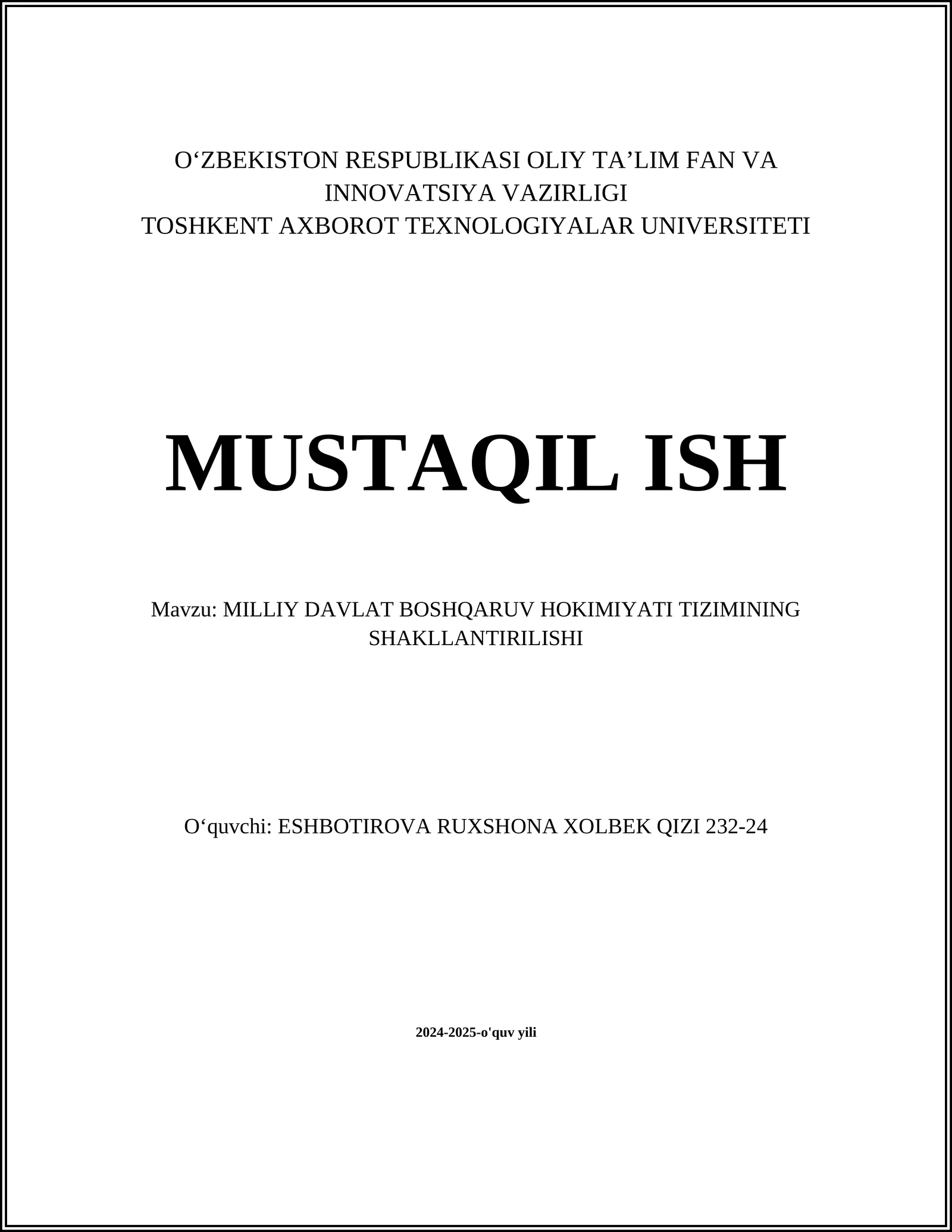 MILLIY DAVLAT BOSHQARUV HOKIMIYATI TIZIMINING SHAKLLANTIRILISHI