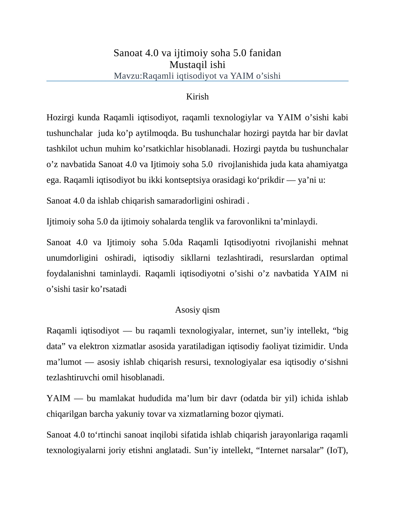 Raqamli Iqtisodiyot va YAIM o’sishi