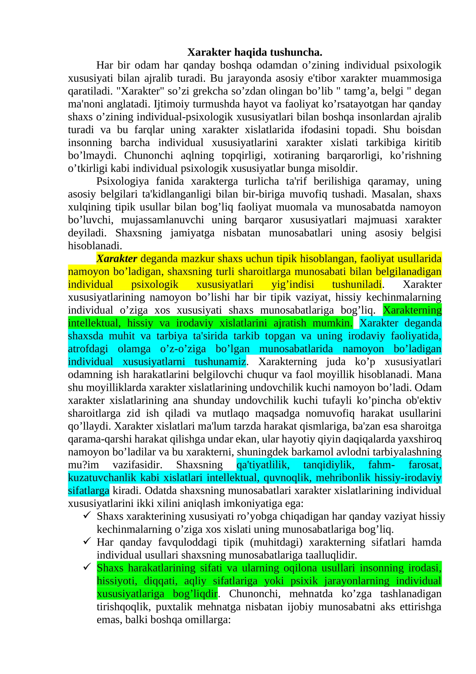 Xarakter haqida tushuncha