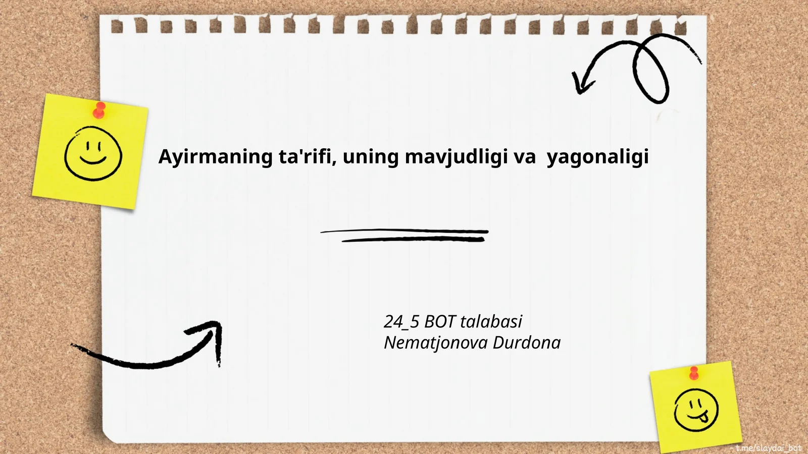 Ayirmaning ta'rifi, uning mavjudligi va yagonaligi