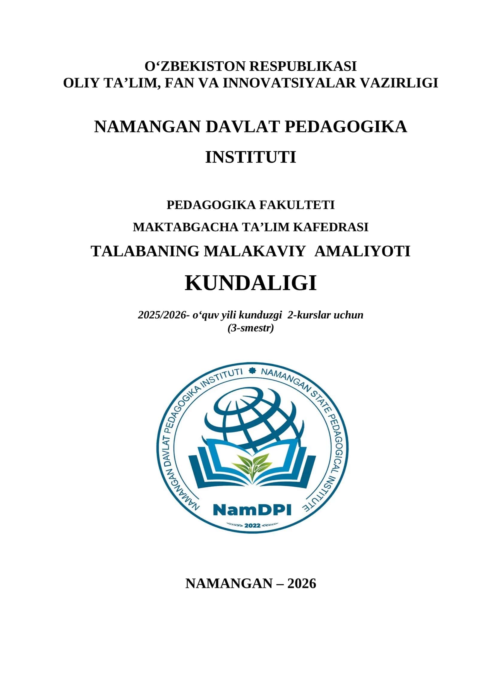 Talabaning MALAKAVIY amaliyoti Kundaligi