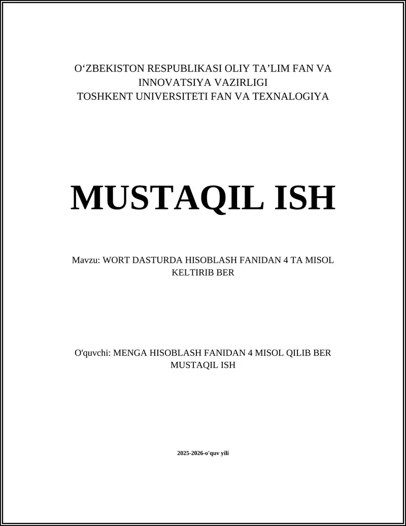 Word dasturida hisoblash fanidan 4 ta misol