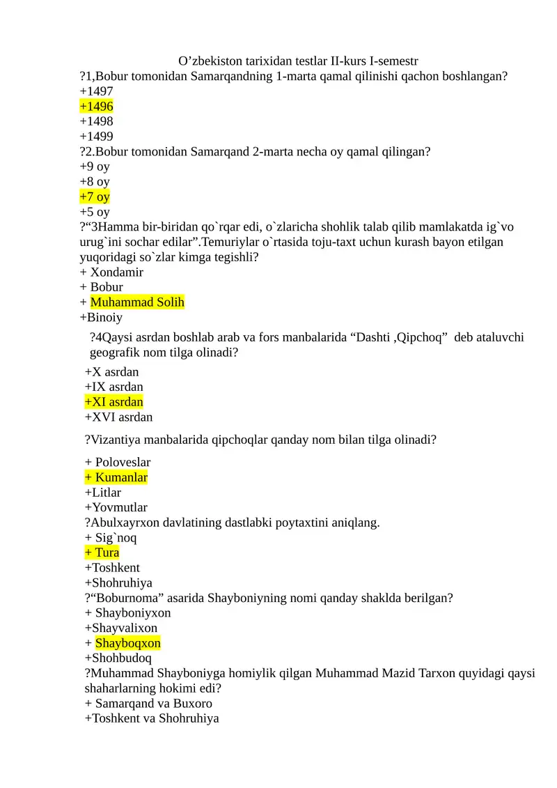 O’zbekiston tarixidan testlar II-kurs I-semestr