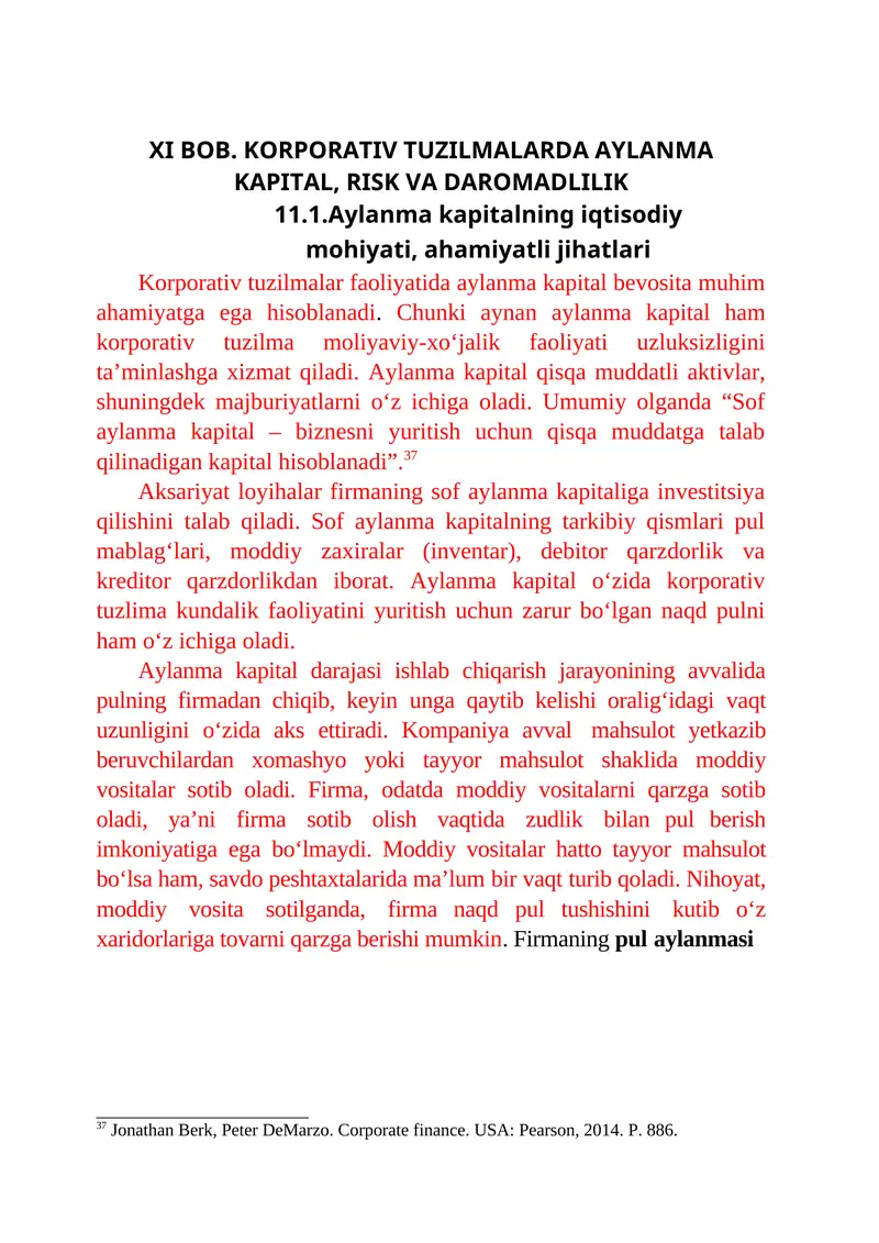 KORPORATIV TUZILMALARDA AYLANMA KAPITAL, RISK VA DAROMADLILIK