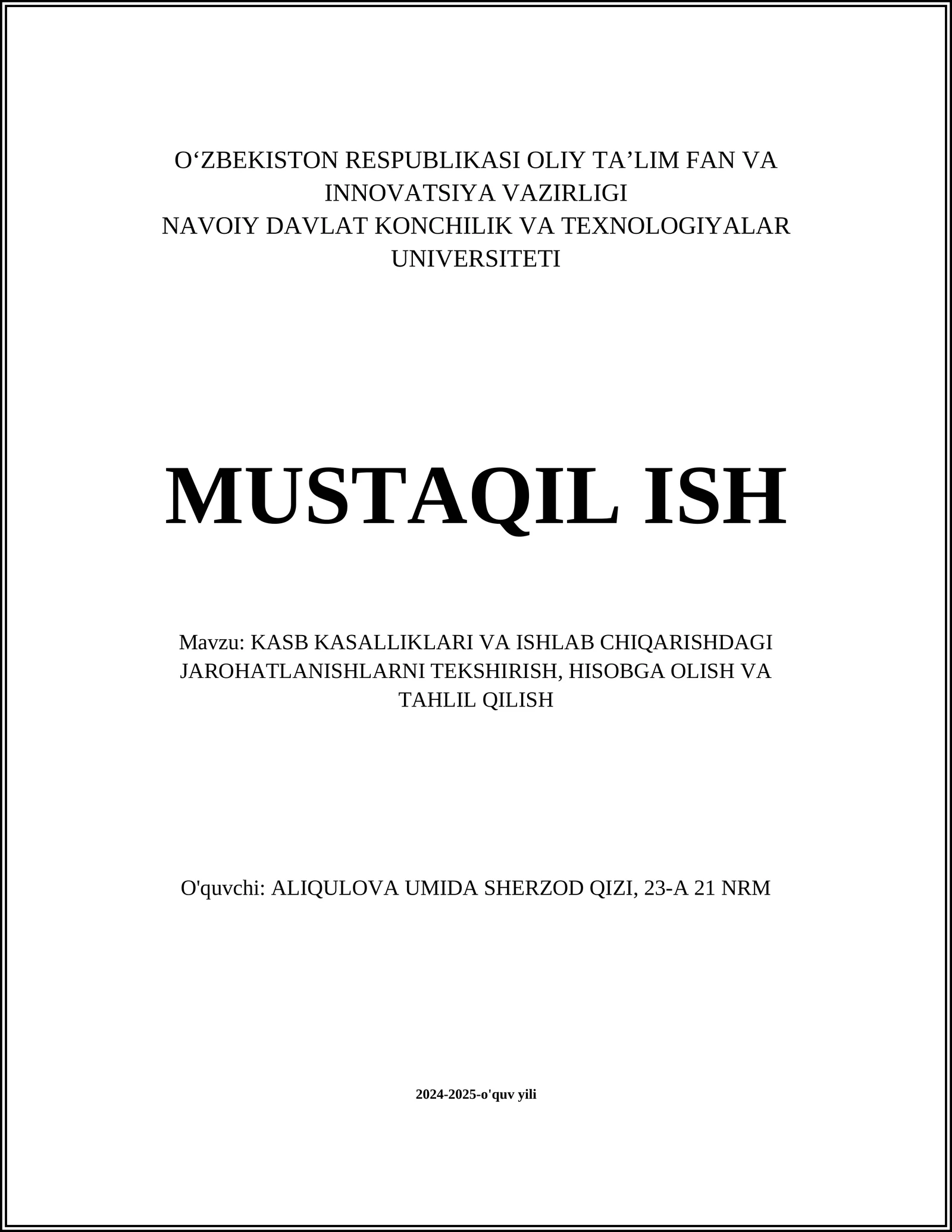 KASB KASALLIKLARI VA ISHLAB CHIQARISHDAGI JAROHATLANISHLARNI TEKSHIRISH, HISOBGA OLISH VA TAHLIL QILISH