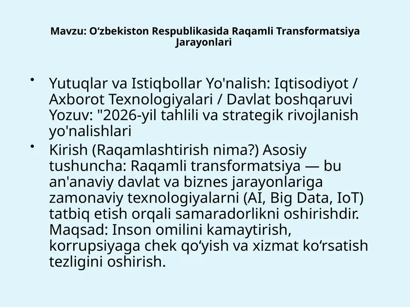 O‘zbekiston Respublikasida Raqamli Transformatsiya Jarayonlari