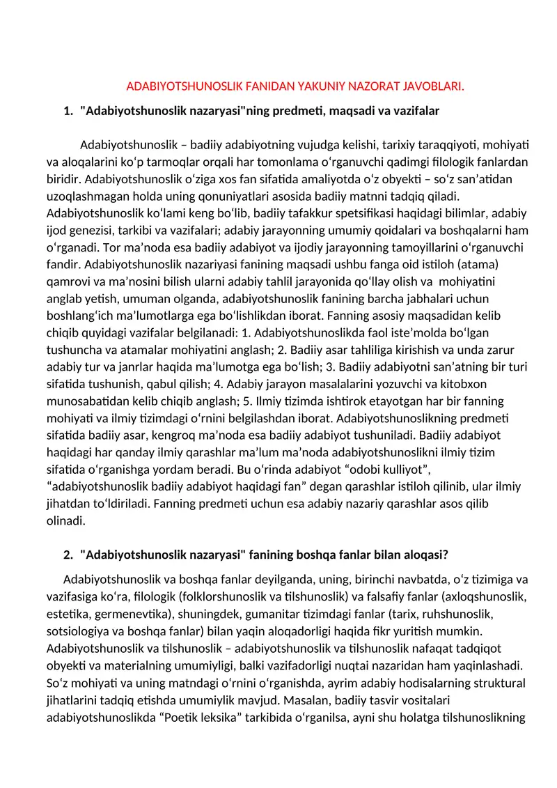 ADABIYOTSHUNOSLIK FANIDAN YAKUNIY NAZORAT JAVOBLARI