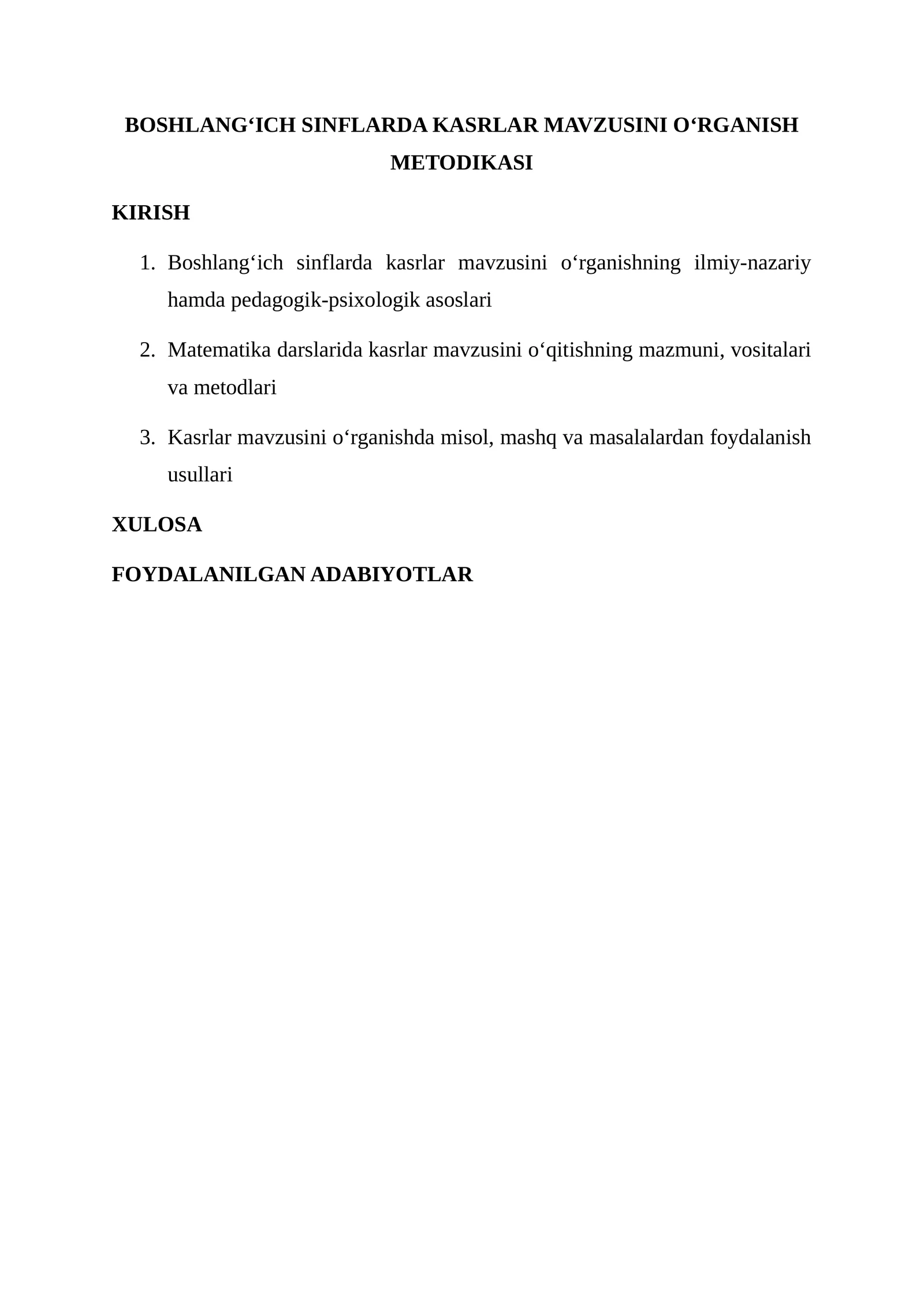 BOSHLANG‘ICH SINFLARDA KASRLAR MAVZUSINI O‘RGANISH METODIKASI