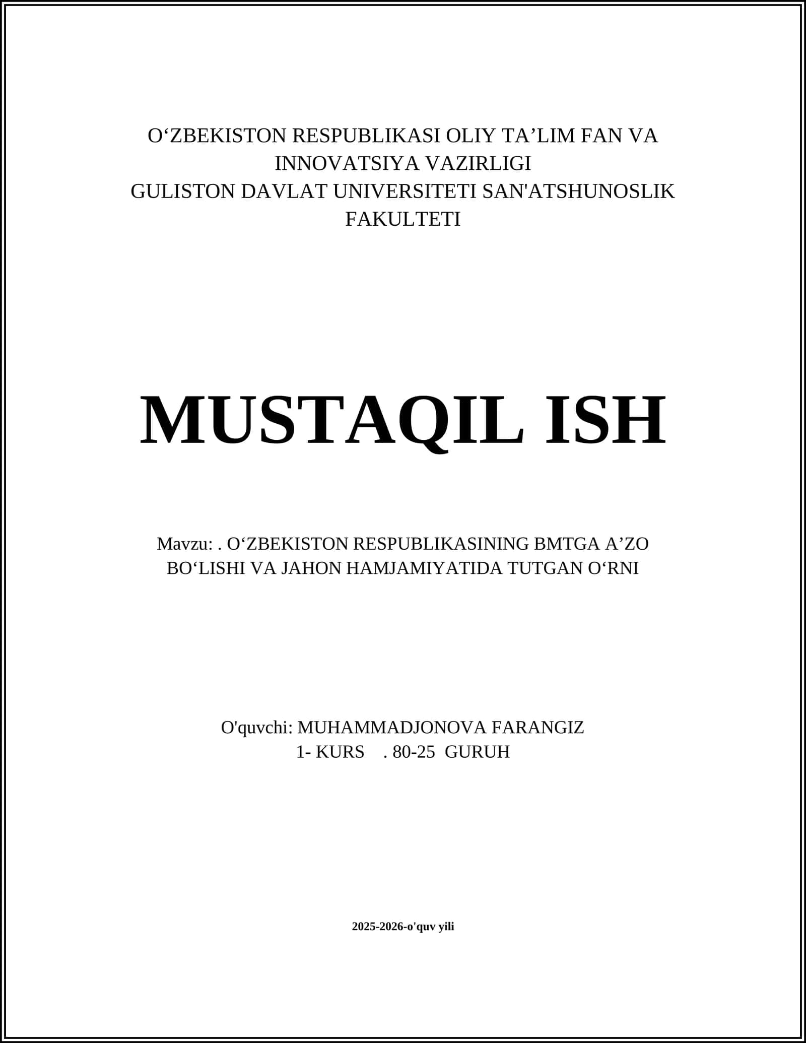 O‘zbekistonning BMTga a’zo bo‘lishi va jahon hamjamiyatida tutgan o‘rni