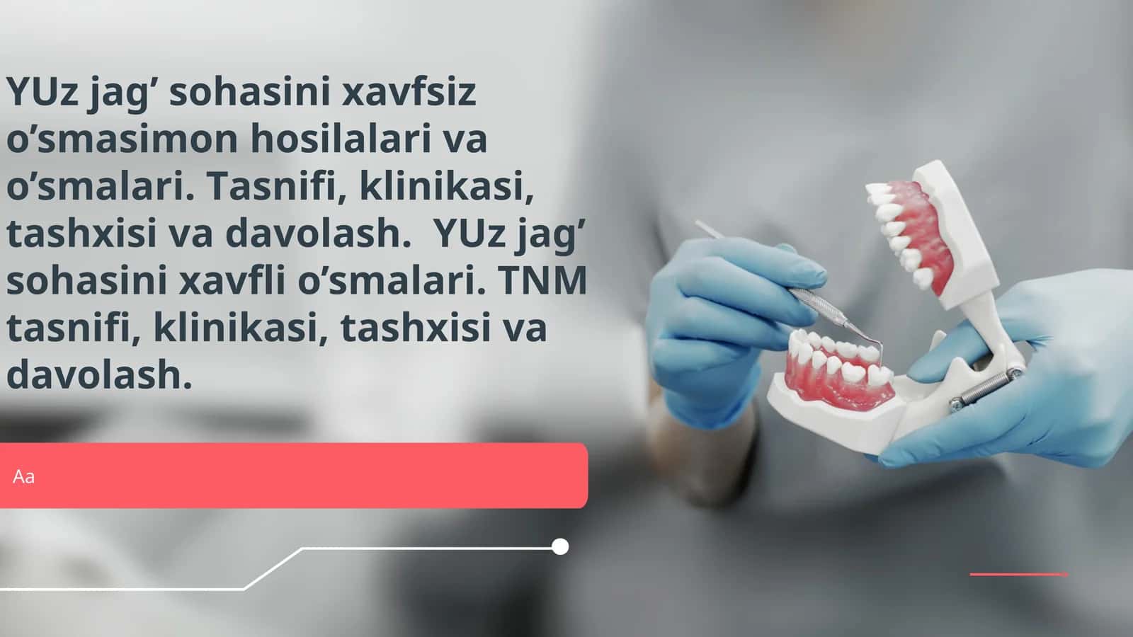 YUz jаg’ sоhаsini хаvfsiz o’smаsimоn hоsilаlаri vа o’smаlаri. Tаsnifi, klinikаsi, tаshхisi vа dаvоlаsh. YUz jаg’ sоhаsini хаvfli o’smаlаri. TNM tаsnifi, klinikаsi, tаshхisi vа dаvоlаsh