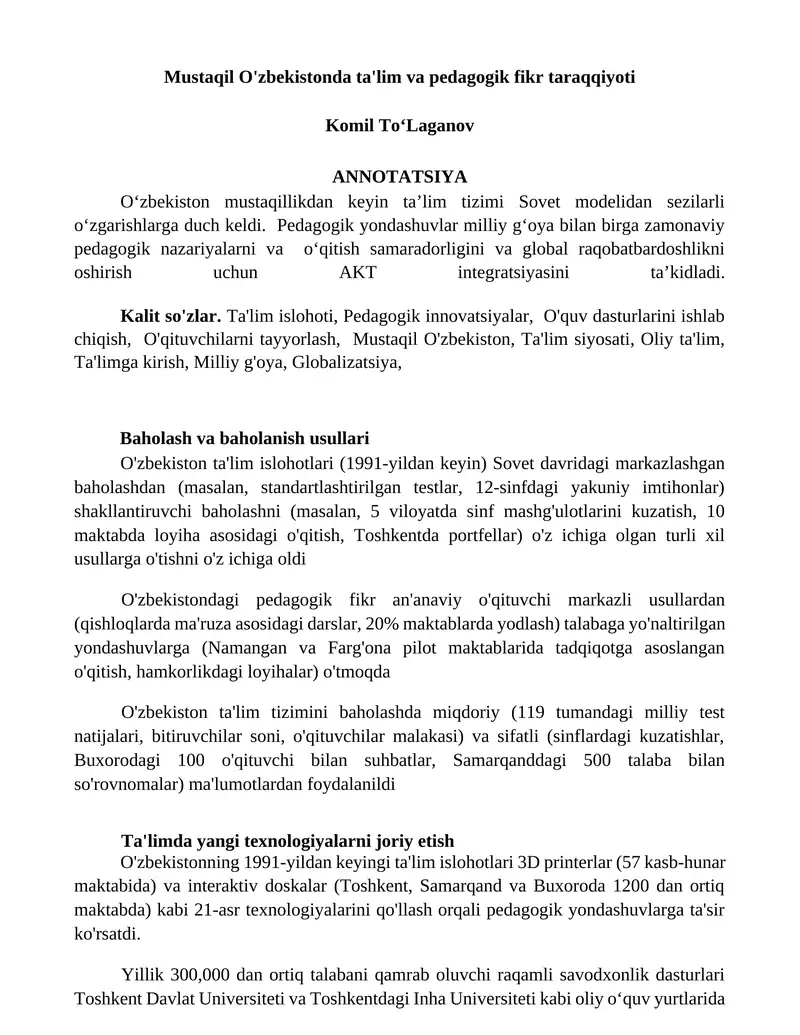 Mustaqil O'zbekistonda ta'lim va pedagogik fikr taraqqiyoti