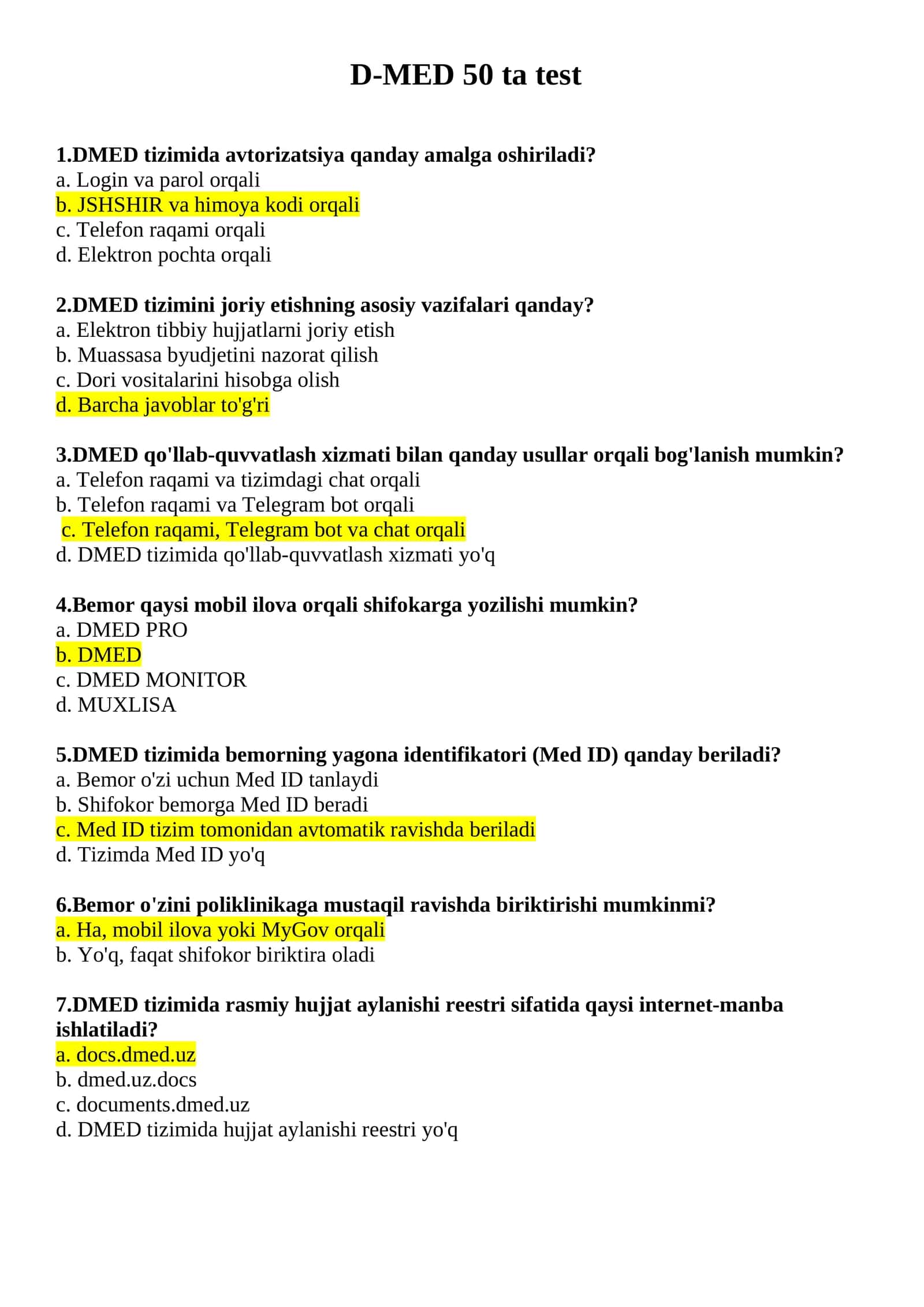 ARGOS D-MED 50 ta test savollari va javoblari
