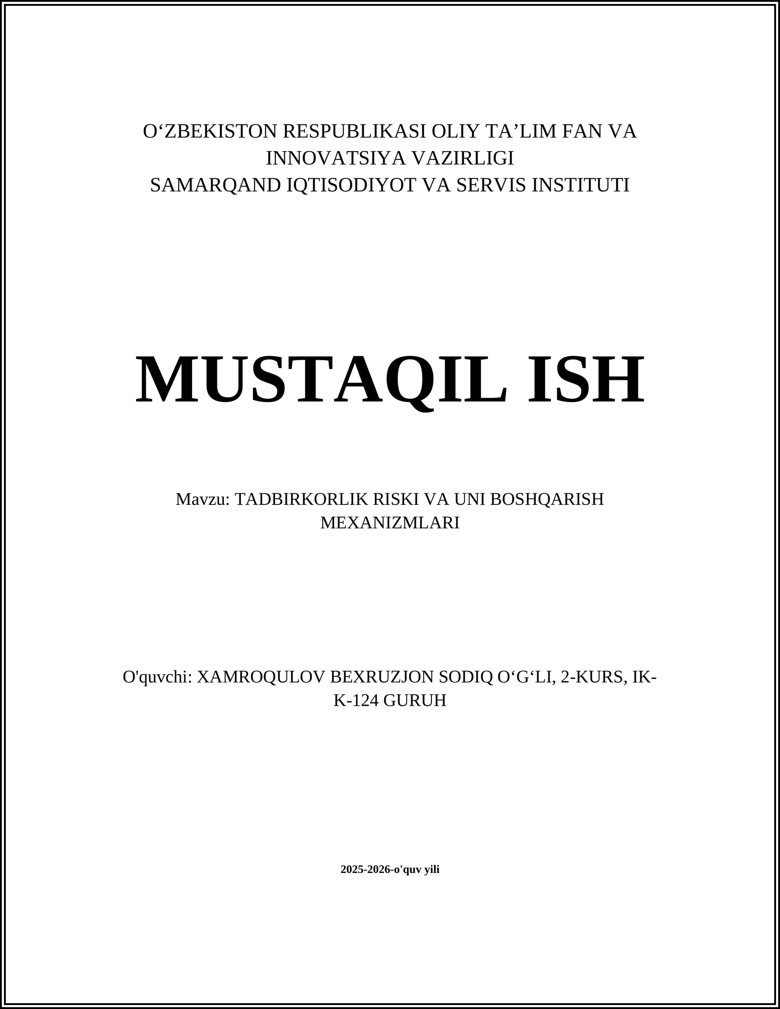 TADBIRKORLIK RISKI VA UNI BOSHQARISH MEXANIZMLARI