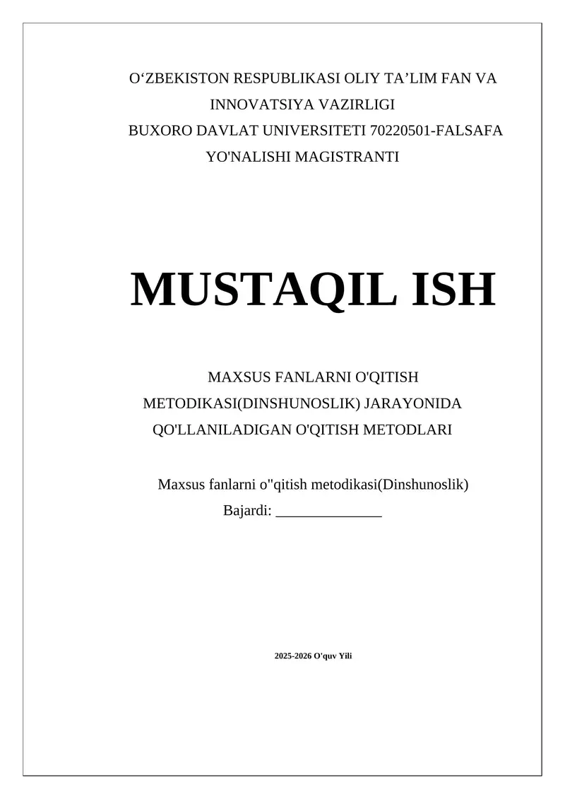 Maxsus fanlarni o'qitish metodikasi(Dinshunoslik)