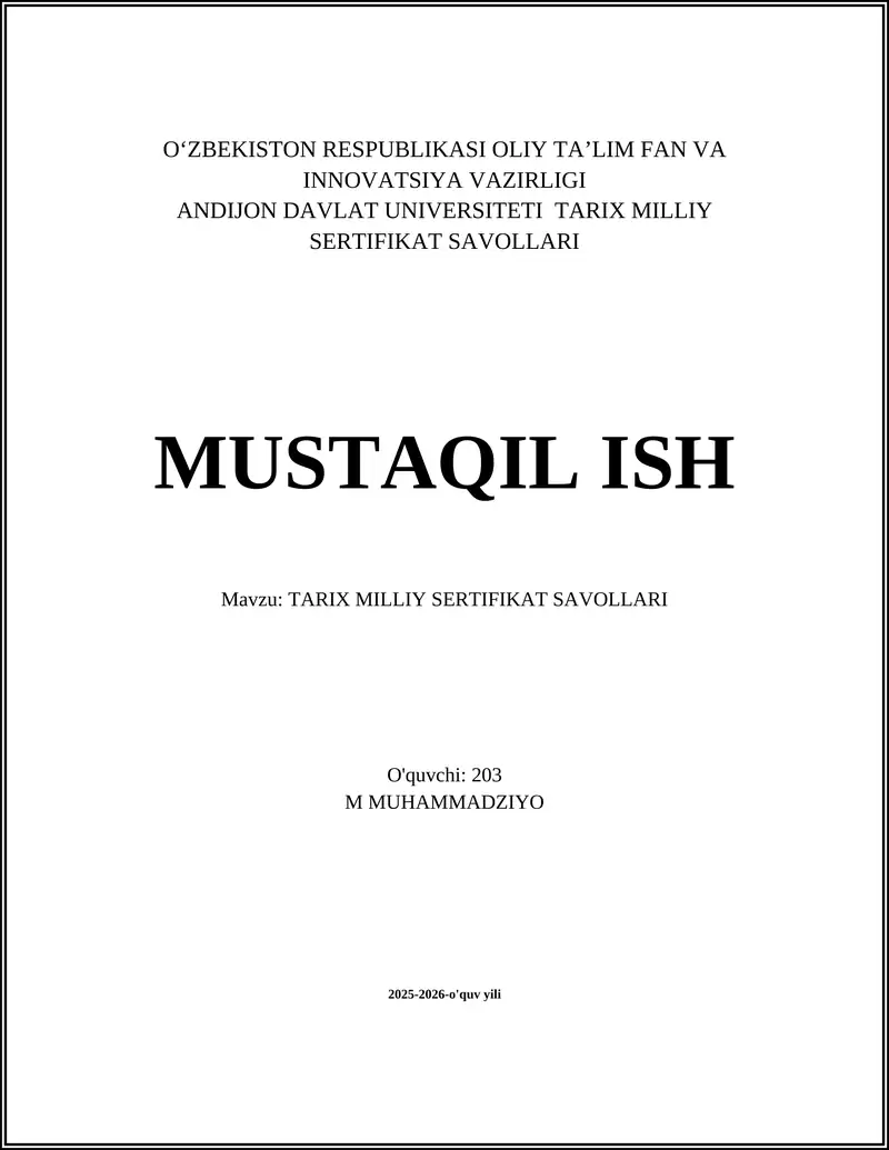 TARIX MILLIY SERTIFIKAT SAVOLLARI