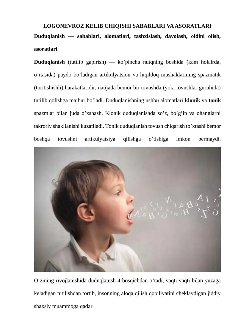 LOGONEVROZ KELIB CHIQISHI SABABLARI VA ASORATLARI