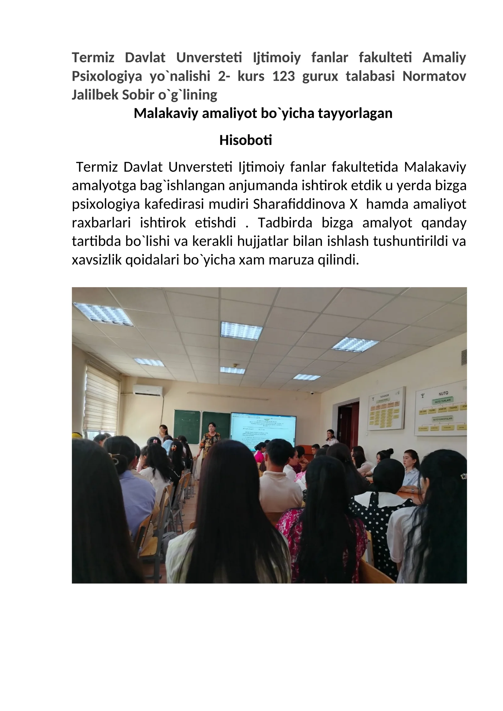 Amaliy Psixologiya yo`nalishi 2- kurs Hisoboti