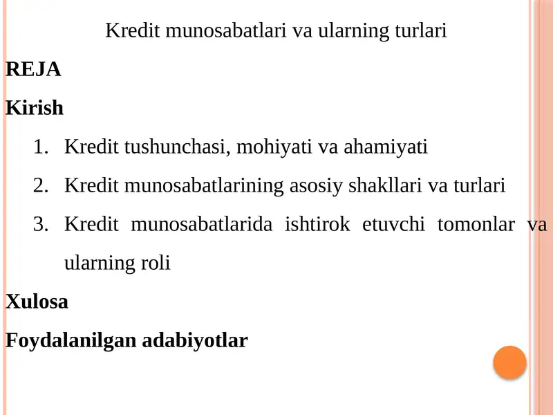 Kredit munosabatlari va ularning turlari