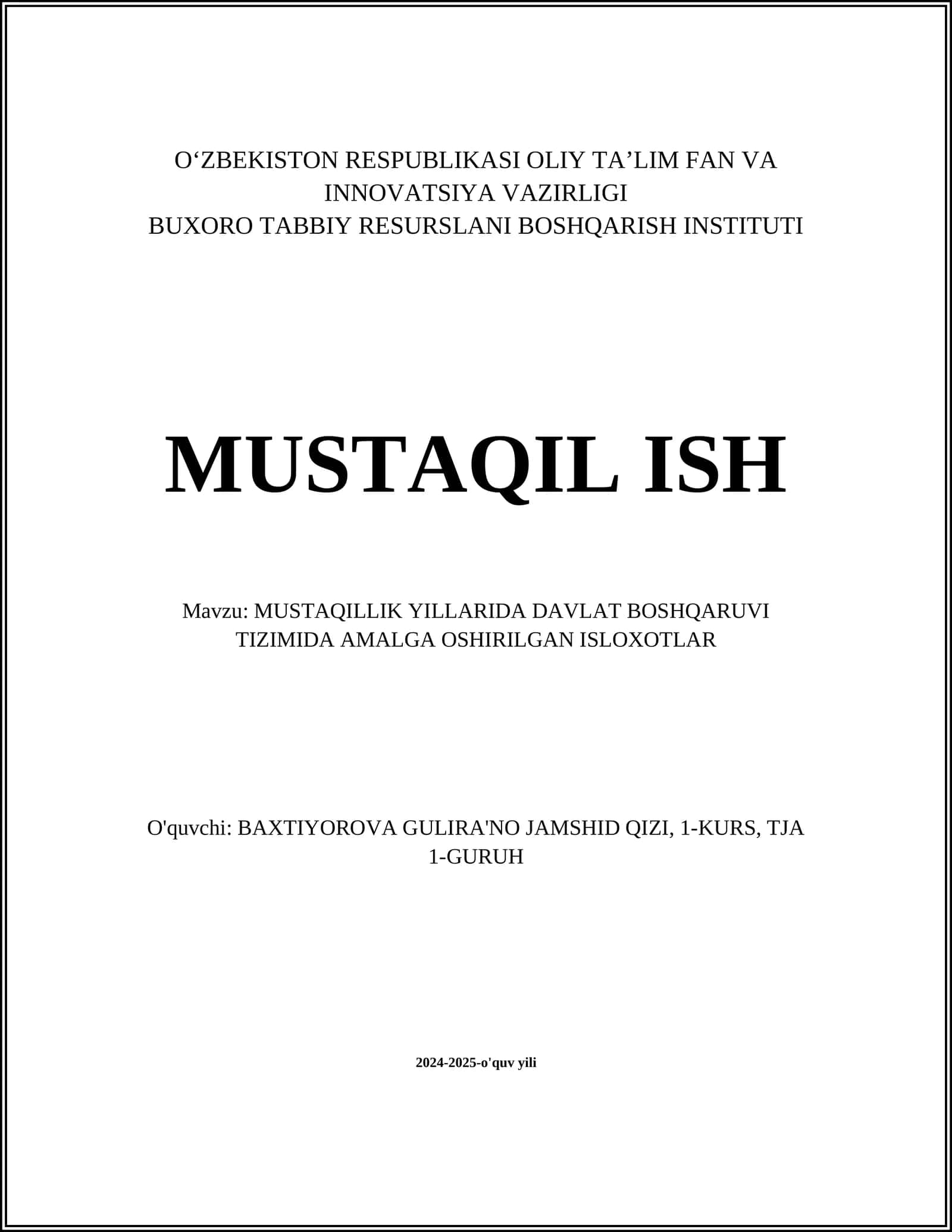 MUSTAQILLIK YILLARIDA DAVLAT BOSHQARUVI TIZIMIDA AMALGA OSHIRILGAN ISLOXOTLAR