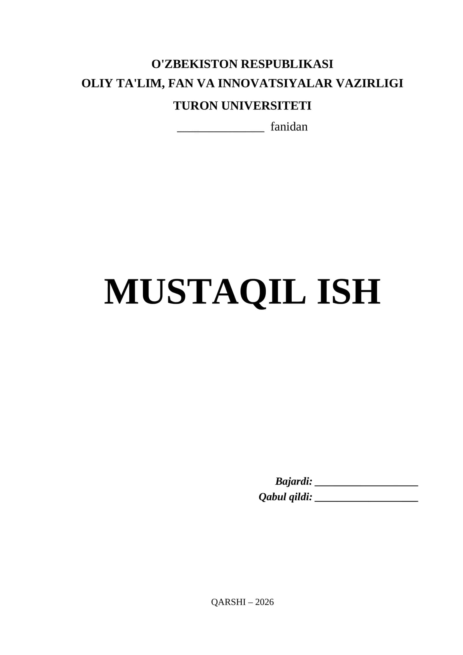 Turon Universiteti Mustaqil Ish Titul Varaq (.docx)