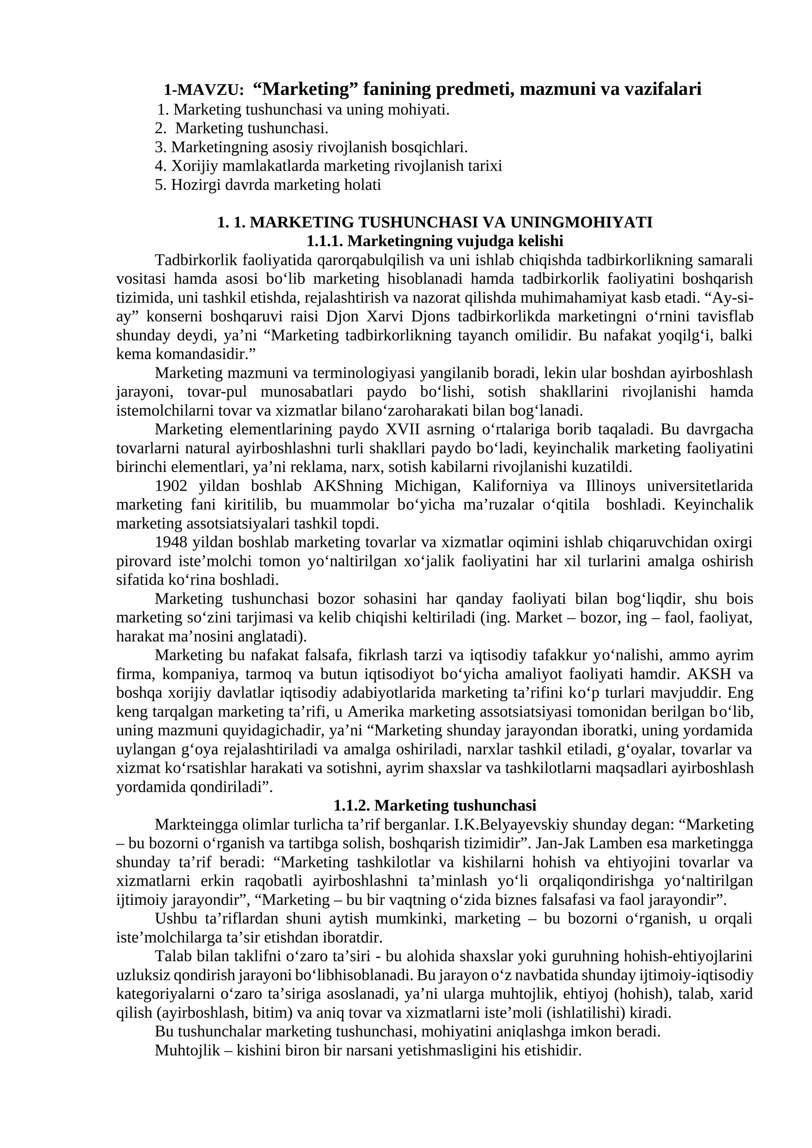 “Marketing” fanining predmeti, mazmuni va vazifalari
