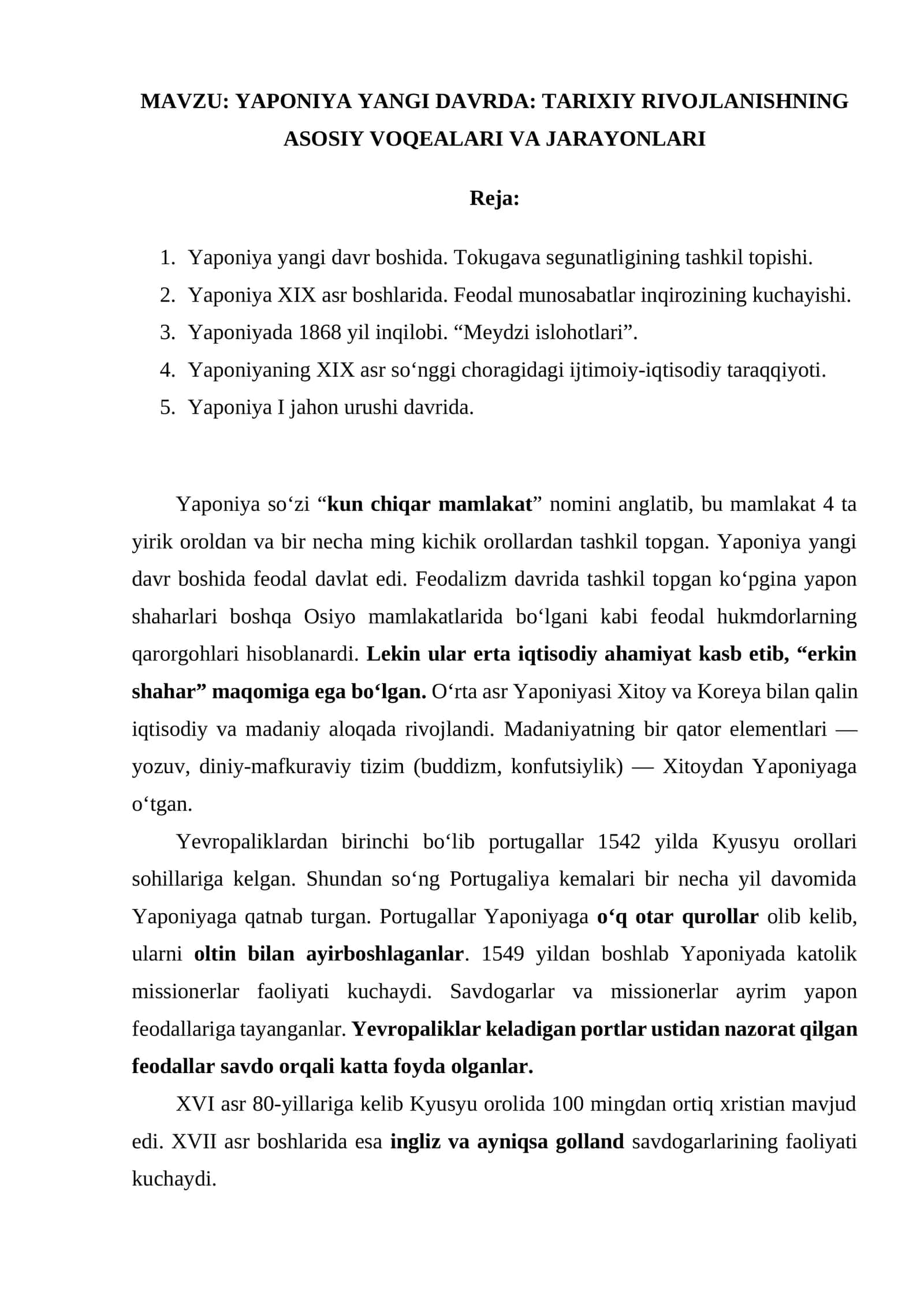 Yaponiya yangi davrda: tarixiy rivojlanishning asosiy voqealari va jarayonlari