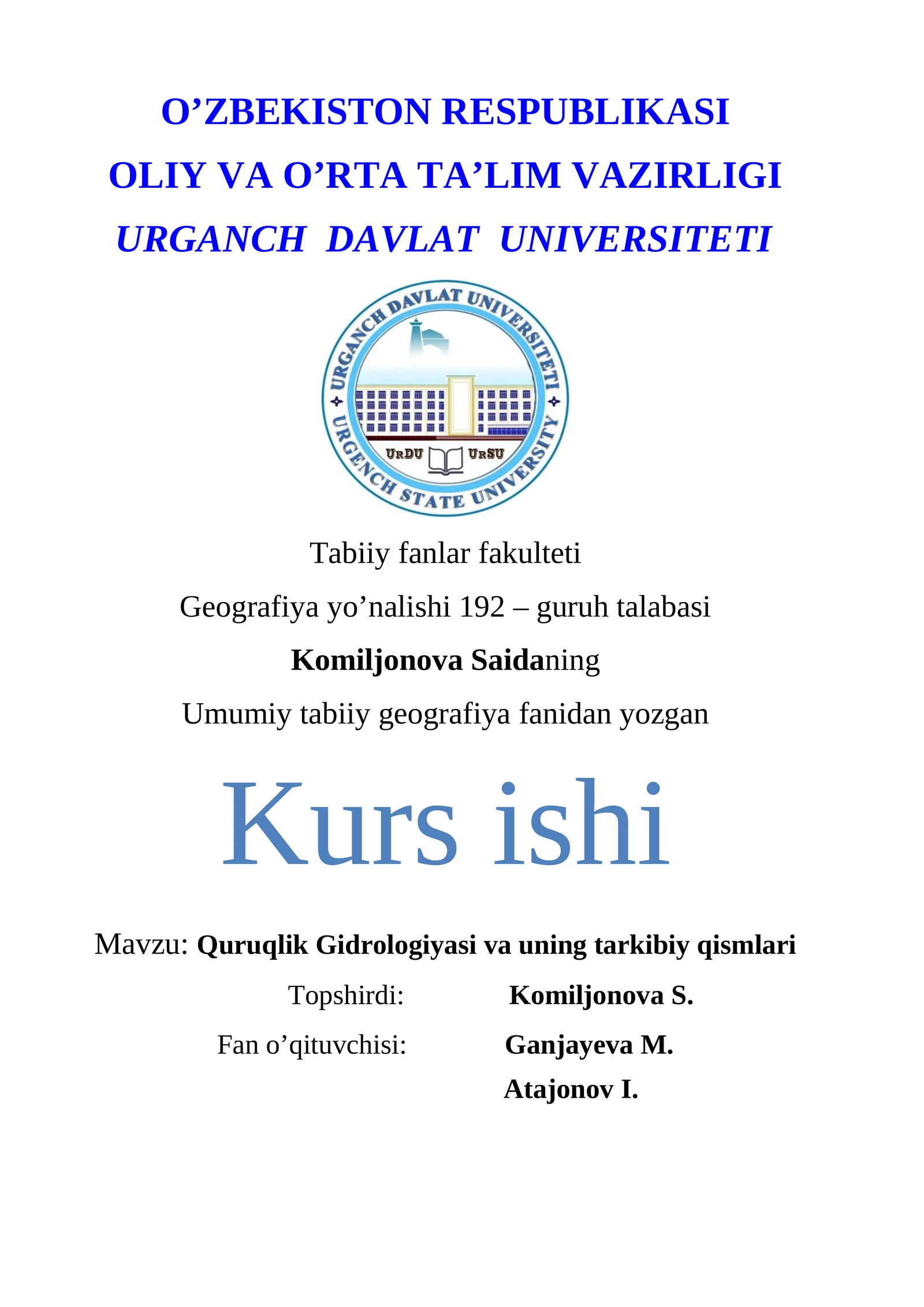 Quruqlik Gidrosferasi va uning tarkibiy qismlari