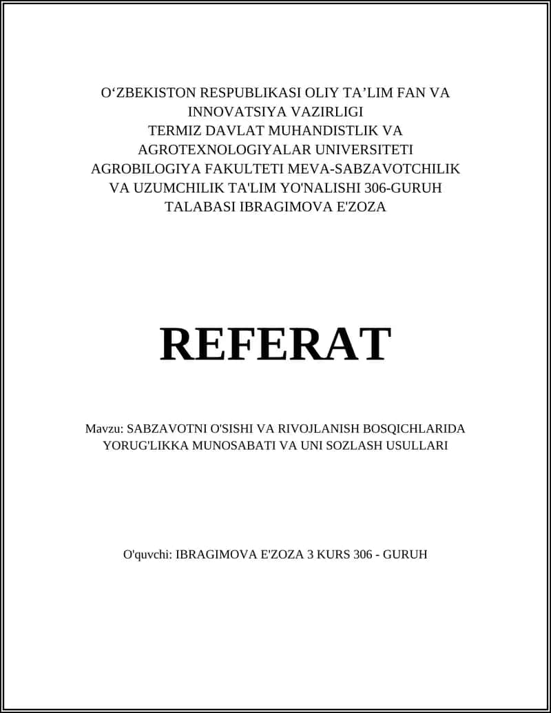 MEVA-SABZAVOTCHILIK TA'LIMI REFERATI