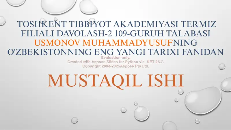 O'zbekistonning Eng yangi tarixi fanidan mustaqil ishi