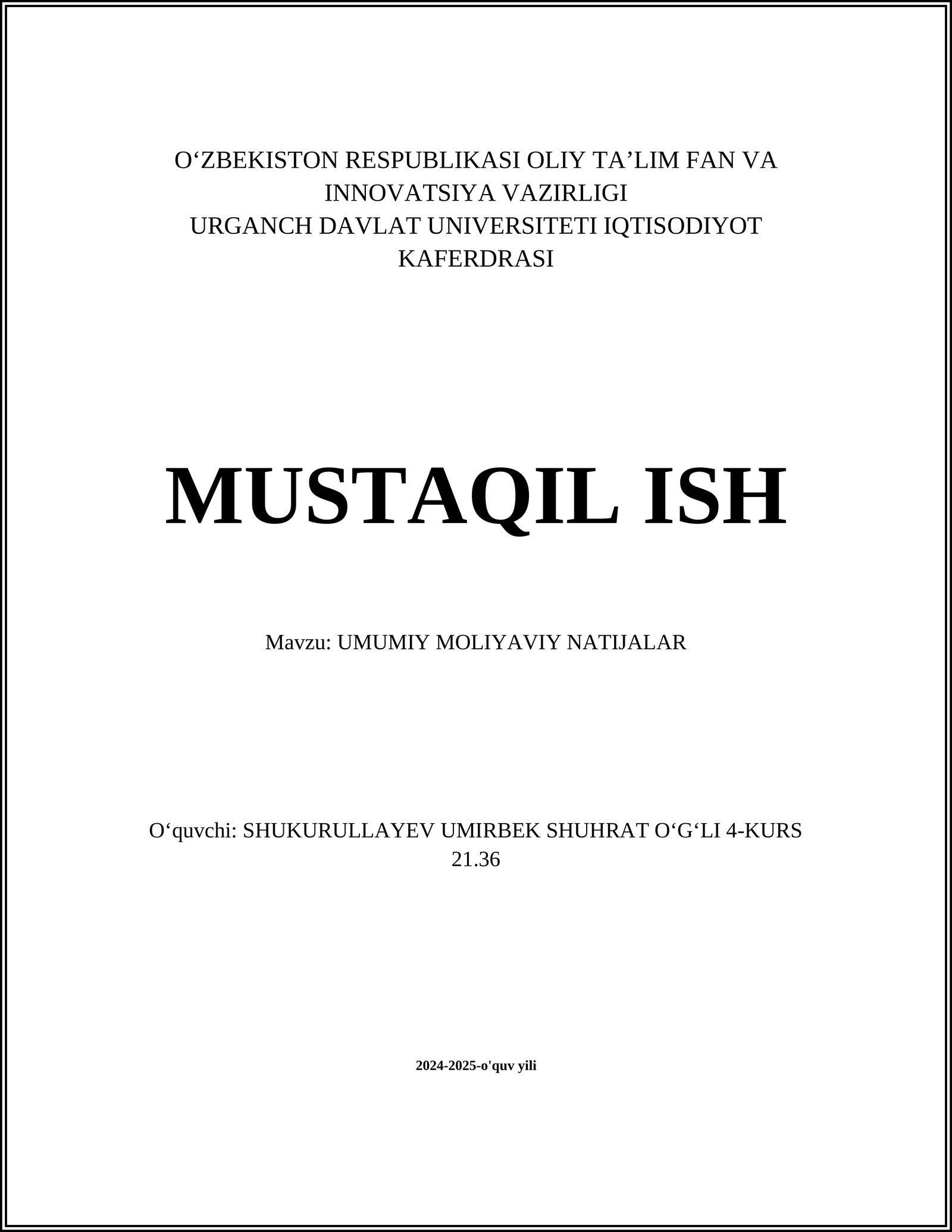 UMUMIY MOLIYAVIY NATIJALAR