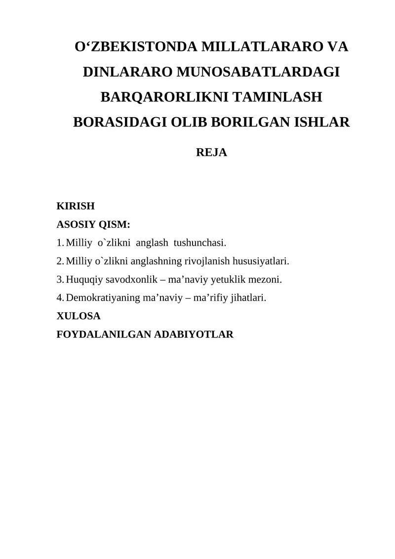 O‘zbekistonda Millatlararo va Dinlararo Munosabatlardagi Barqarorlikni Taminlash Borasidagi Olib Borilgan Ishlar