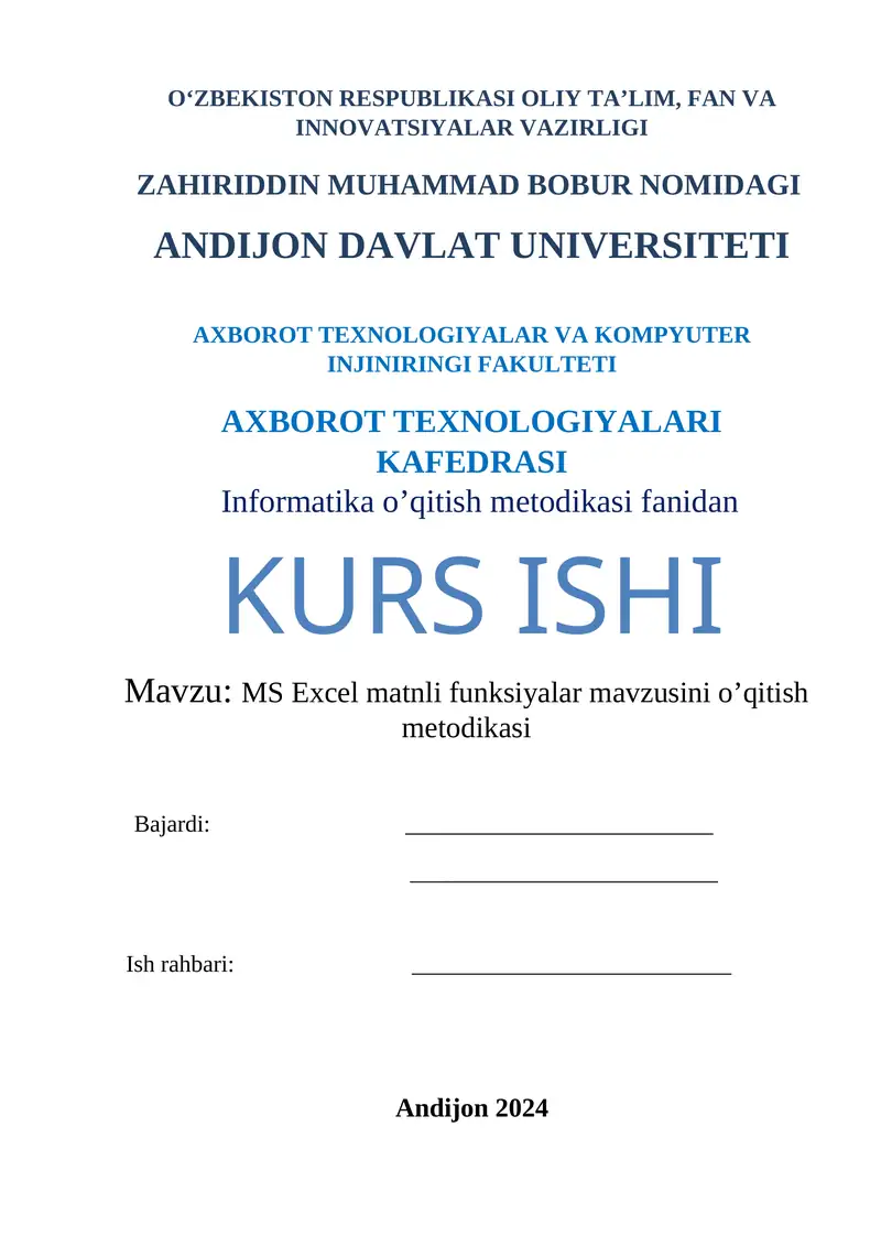 MS Excel matnli funksiyalar mavzusini o’qitish metodikasi