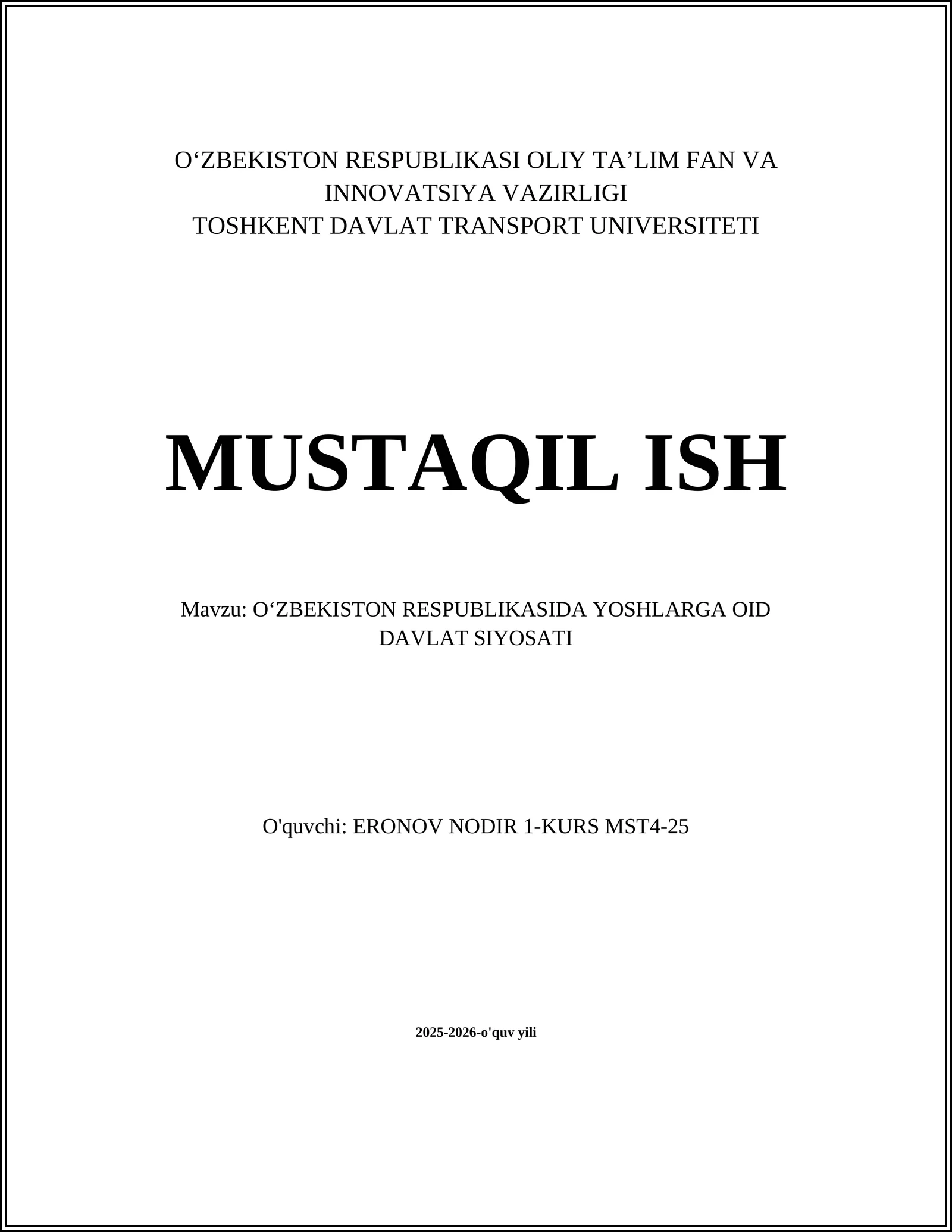O‘zbekiston Respublikasida Yoshlarga oid Davlat Siyosati