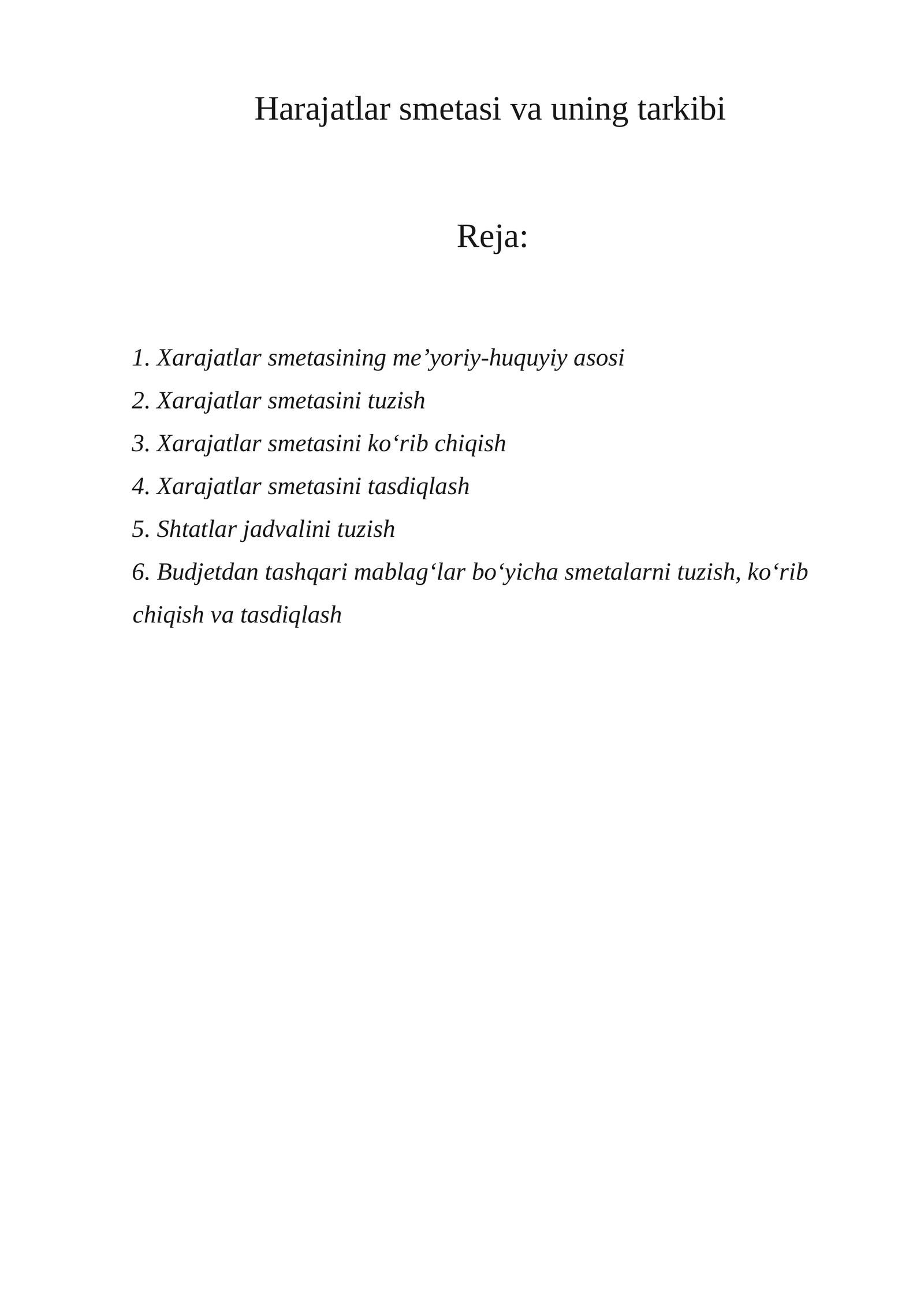 Xarajatlar smеtasi va uning tarkibi